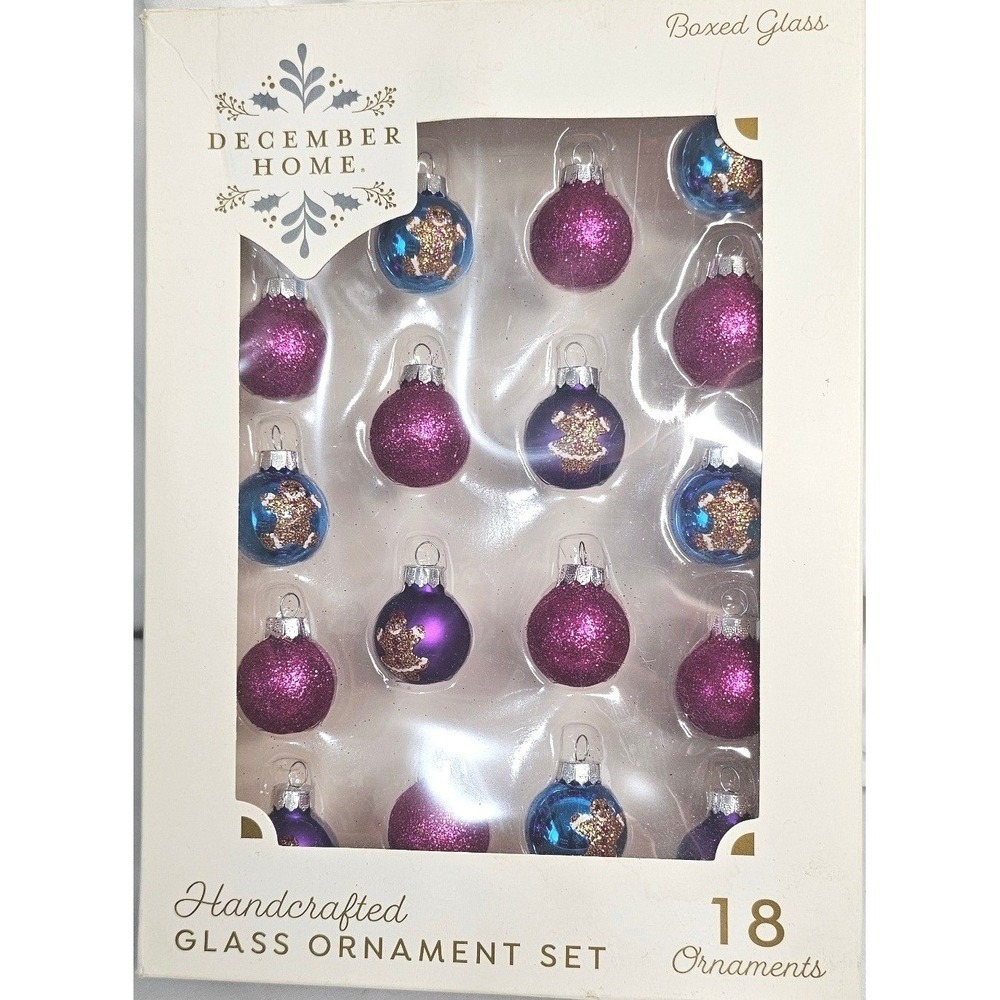December Home Handcrafted Glass Ornament Set 18pc Purple Blue Gingerbread Man